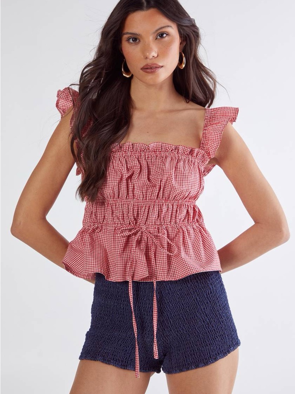 Red Gingham Ruffled Tie-Waist Women's Top